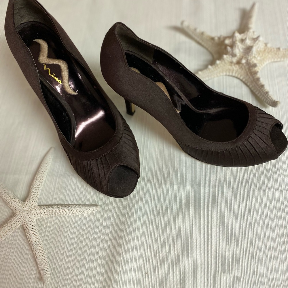 Nina brown satin dress peep toe heels